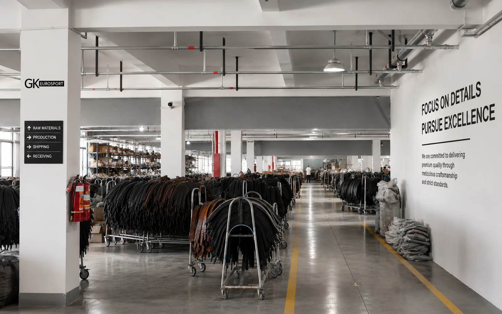 GK EuroSport factory workshop with belt production carts