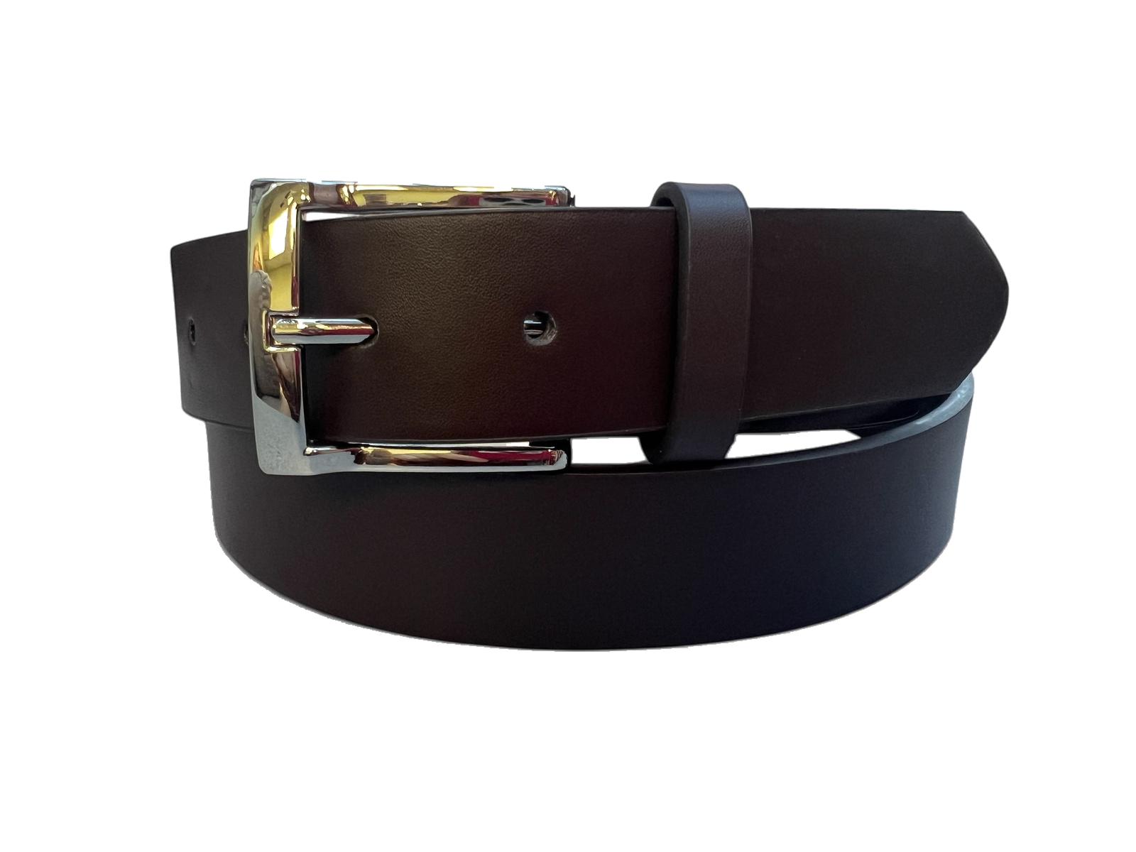 Smooth brown leather belt with silver pin buckle