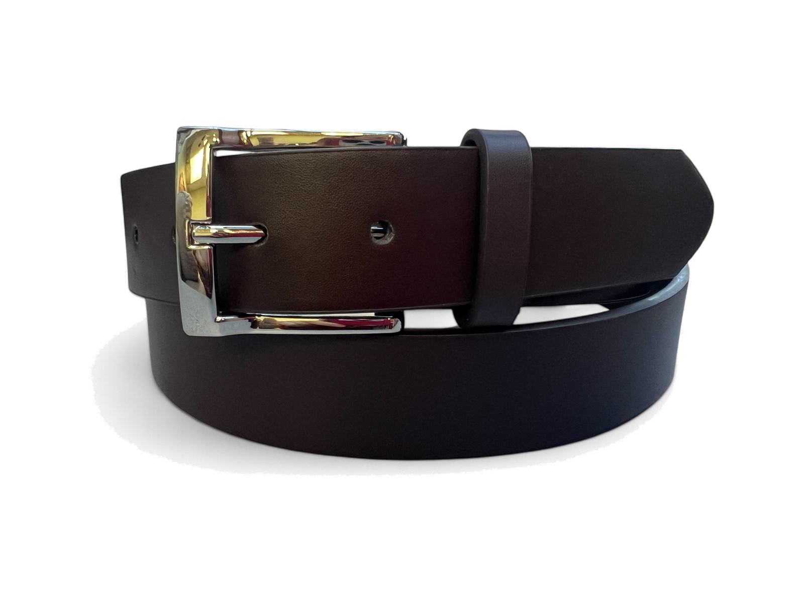 Smooth brown leather belt with silver pin buckle