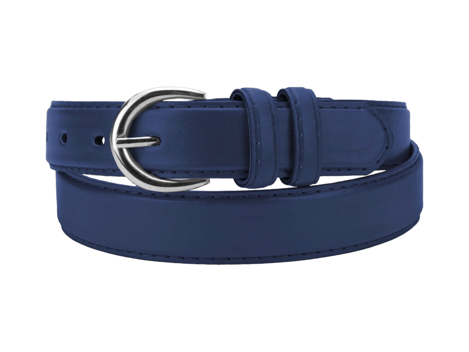 Navy women's belt with silver round pin buckle