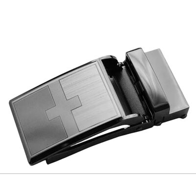 Black Genuine Leather Cross Plaque Track Buckle Belt for Men
