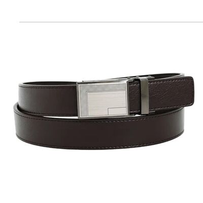 Brown Genuine Leather Belt with Rectangular Silver Track Buckle for Men