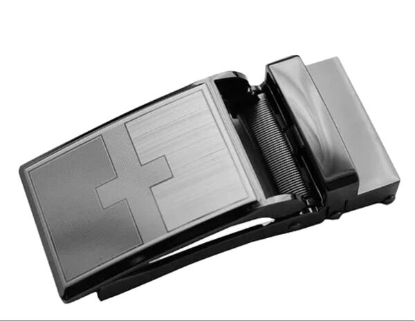 Black Genuine Leather Cross Plaque Track Buckle Belt for Men