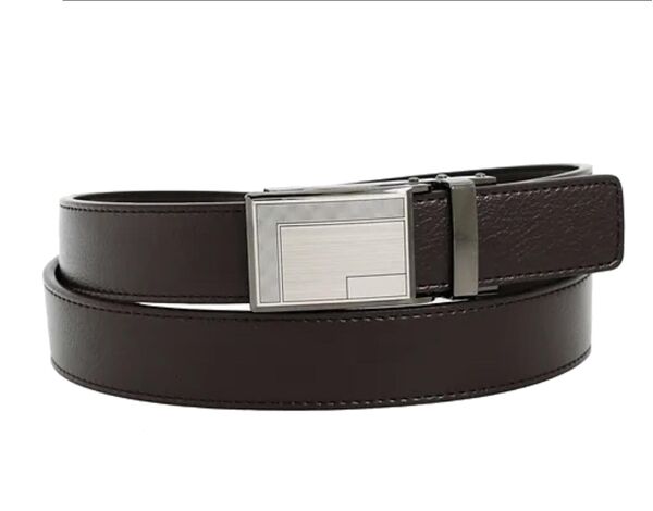 Brown Genuine Leather Belt with Rectangular Silver Track Buckle for Men